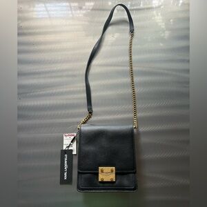 Karl Lagerfeld Black Leather Shoulder Bag with Gold Hardware